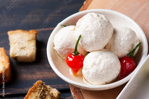 Labaneh balls. Popular middle eastern appetizer labneh or labaneh, soft white goat milk cheese - Curd balls