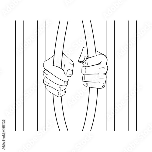 Fists bend prison bars as jail break freedom concept in vector outline