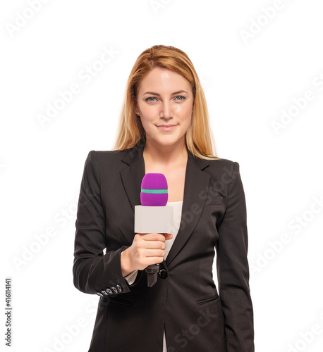 Obraz na płótnie A woman reporter is holding a microphone. The TV presenter with a microphone is ready for an interview. w salonie