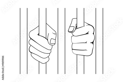 Prisoner fists behind bars or hands holding prison bars in vector outline