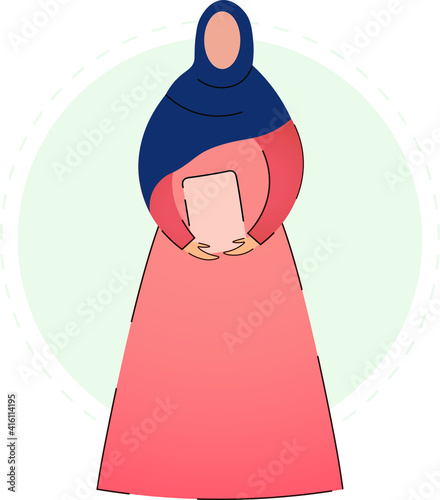 Faceless abstract muslim arabic woman holding  islamic religious holy book Quran, wearing beautiful abaya and stylish hijab, traditional cloth of UAE or Saudi Arabia, vector illustration 