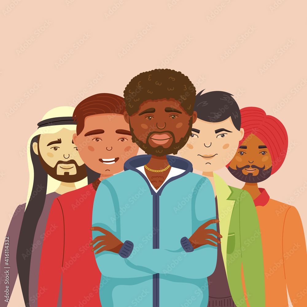 Men of different nationalities stand together. World Men's Day solidarity and male friendship. Vector illustration Men of different nationalities stand together. World Men's Day solidarity and male friendship. Vector illustration