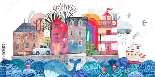 Obraz Urocze miasto na wyspie na oceanie. Port morski.