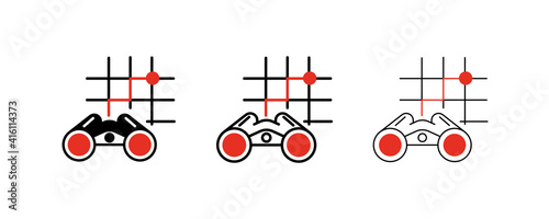 Set of Binoculars and Location Line Icons. These types of Icons include things like binocular viewing and determining rotation. Colorful binoculars and location icon set. Editable Stroke. Logo, web.