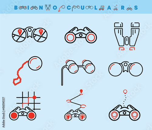 Binoculars and location line icons set. Such Icons include things like binoculars, monocular lens, geolocation. Colorful binoculars and location icon set. Editable Stroke. Logo, web.