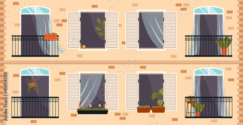 Balcony with iron fence with patterns. Large window with potted plants a set of illustrations. Window overlooking the street with the plant in pot inside. Balcony isolated on the wall of the building