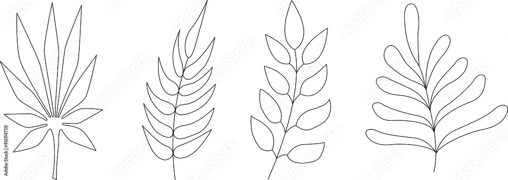 A set of leaves and twigs of different shapes for the design of various illustrations, postcards, banners, also for websites, invitations, seasonal discounts. Vector contour images.