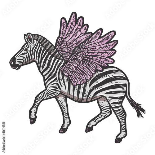 Cute zebra with wings. Isolated animal. Sketch scratch board imitation.