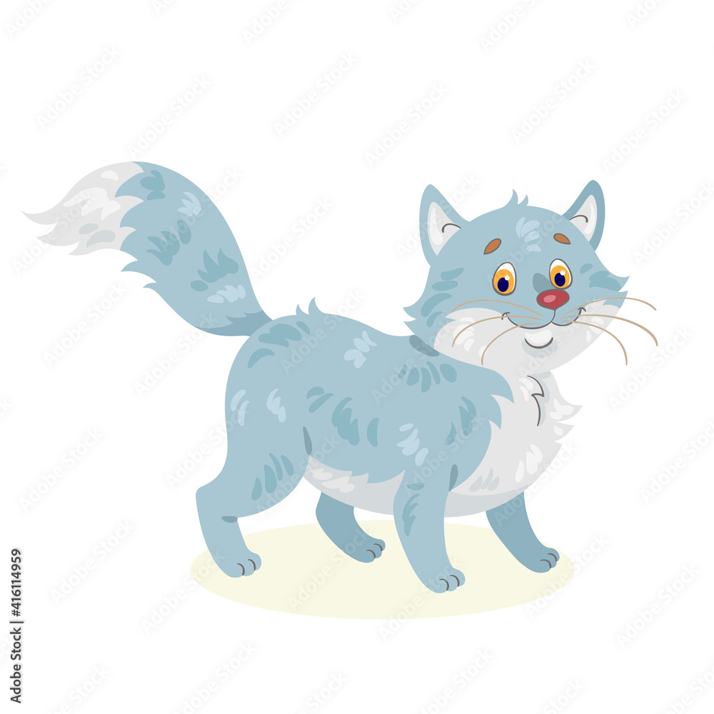 Funny fat grey cat. In cartoon style. Isolated on white background. Vector illustration.