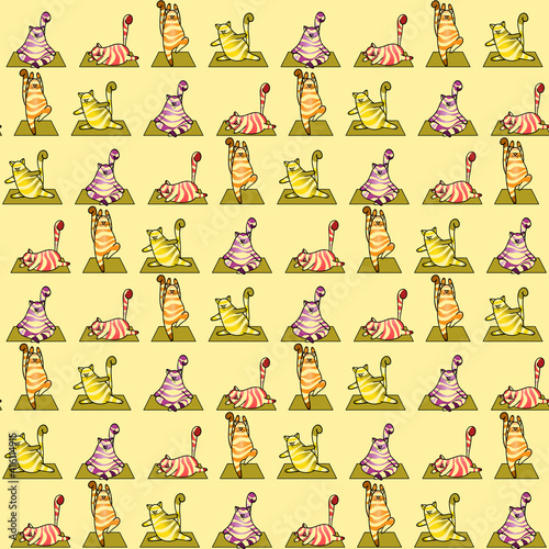 Seamless pattern with tabby yoga cats and mats . Animalistic vector background. Yellow and red tones. Can be used for wallpapers, pattern fills, textile