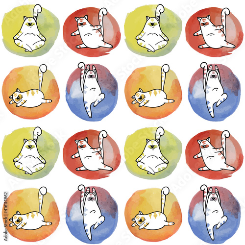 Pattern with yoga cats and watercolor background. Animalistic vector background. Multicolor. Can be used for wallpapers, pattern fills, textile