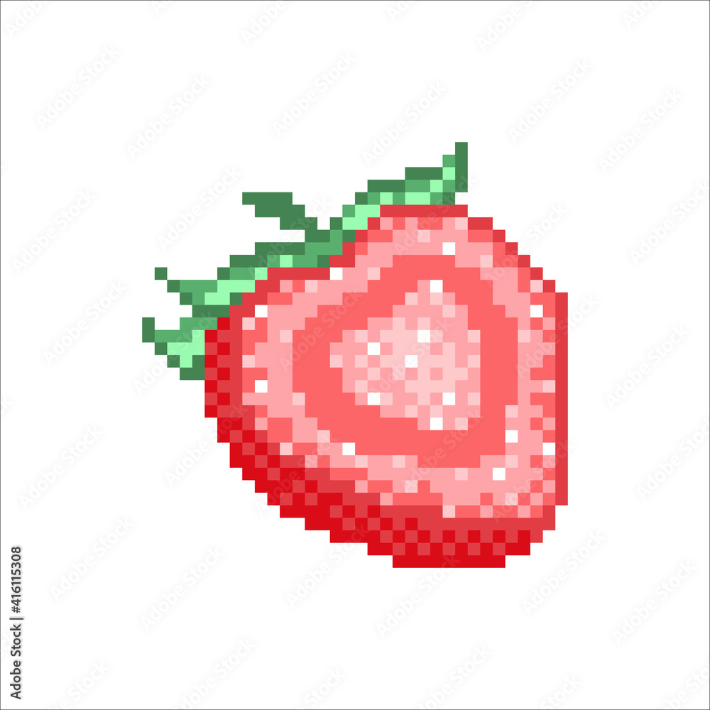 Pixel art strawberry cutaway icon. Vintage style design half strawberry ...