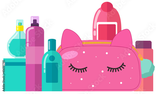 Illustration of a cosmetic pink bag with make up concept and a set of face and body skin care products. Cute funny beautician with ears and eyes and a womens makeup supplies, perfume, body lotion