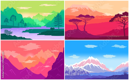 Adventure time, multicolored poster with beautiful landscapes. Road travel around the world. Active lifestyle, outdoors sports recreation and extreme sport. Travelling people and leisure at nature