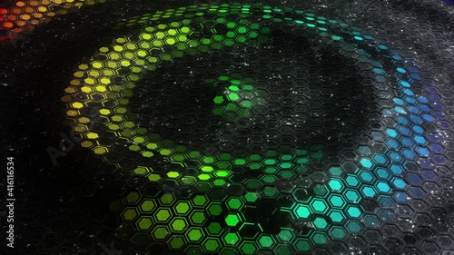 red green blue wave on the metal surface of the pentagonal honeycomb mesh