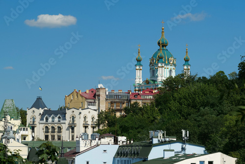 View of historic Podil neighborhood of Kyiv and St Andrews Church, Ukraine