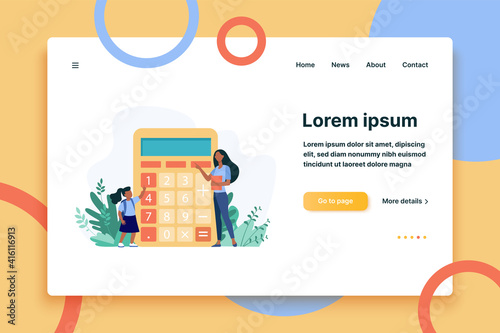 Woman explaining girl how to use calculator. Digit, teacher, child flat vector illustration. Education and calculation concept for banner, website design or landing web page