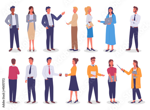 Group of business working people standing on white background. Business man and business woman in flat design people characters. People in different positions of the body and objects in their hands