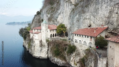 popular and famous place of Lake Maggiore Eremo di Santa Caterina del Sasso, Lombardy, Italy.