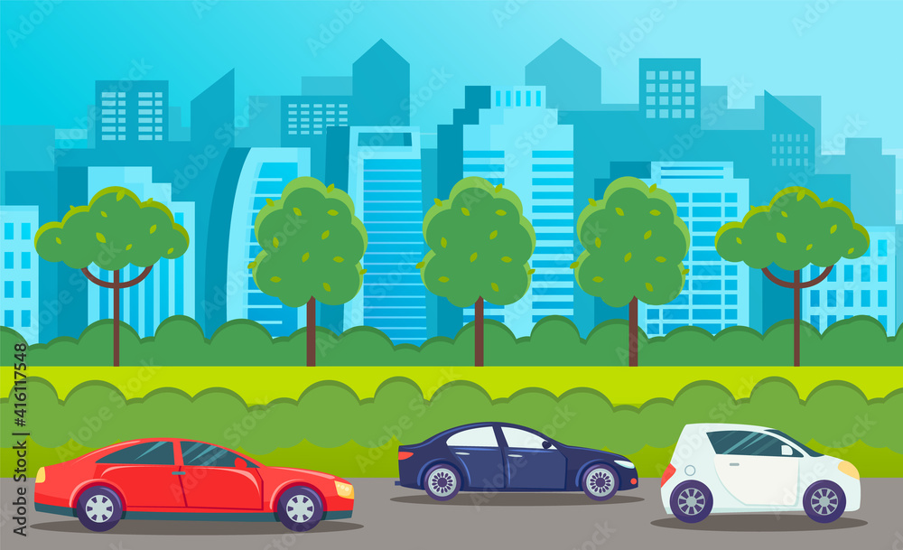 Cars drive on an asphalt road against the background of tall buildings of the city landscape. Panorama urban road summertime flat vector illustration. Road trips and freight, automobile transport