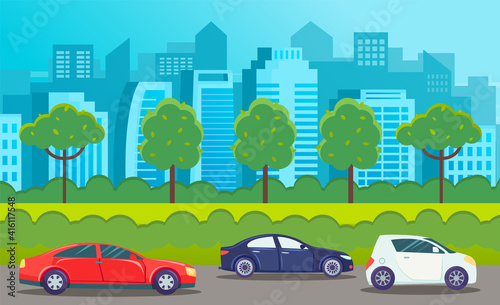 Fototapeta Naklejka Na Ścianę i Meble -  Cars drive on an asphalt road against the background of tall buildings of the city landscape. Panorama urban road summertime flat vector illustration. Road trips and freight, automobile transport