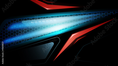 Dark abstract lighting technology vector background. Black abstract banner with hexagon carbon fiber grid and blue light. Futuristic tech gaming background. Ratio full hd, vector illustration.