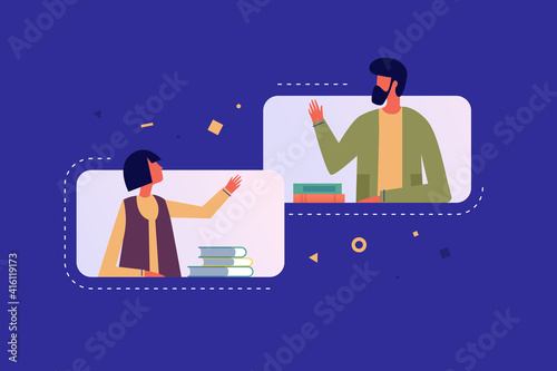 Online learning at home. Teacher and student web conference, vector illustration. Modern distance learning in an online classroom. A study from home using teleconferencing.