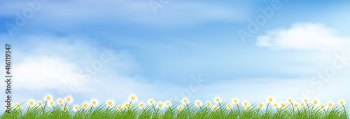 Spring background with blue sky and fluffy clouds,Natural landscape with cute tiny daisy flowers and green grass fields, Vector illustration Holizontal for Easter banner