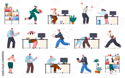 Chaos in office, confused office worker running, paperwork, angry boss, search mistake in document, talking at phone, holding head, failure deadline, unorganized stressing office workers, hurry up