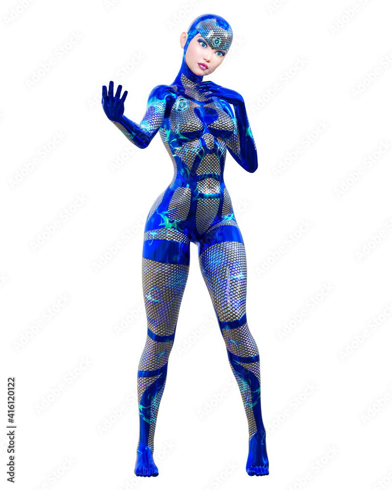 Cyborg Woman futuristic metallic neon suit. Cyborg Woman futuristic metallic neon suit.