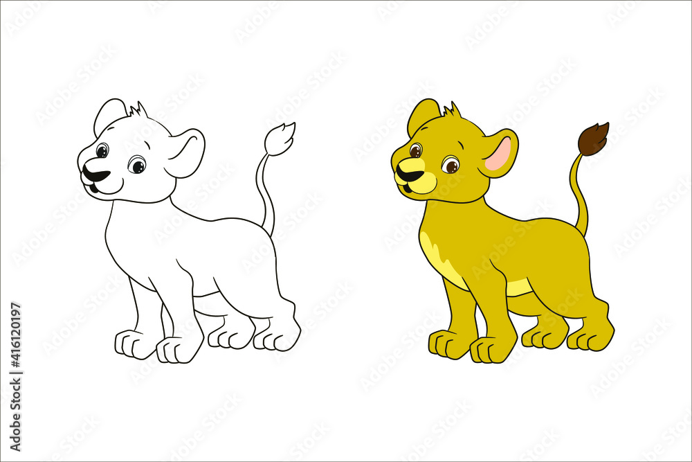 Fototapeta premium Coloring book for children, little lion. Vector illustration in cartoon style, isolated line art