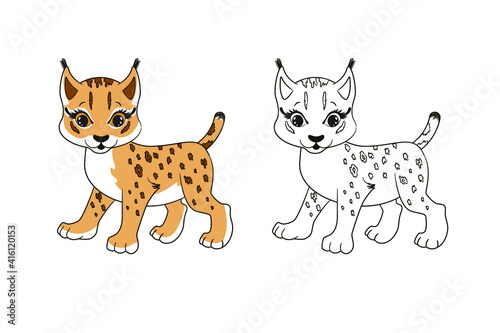 Little cute lynx with tassels on the ears. Coloring book for children. Vector illustration in cartoon style, isolated line art