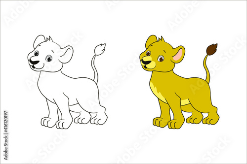 Coloring book for children, little lion. Vector illustration in cartoon style, isolated line art