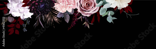 Elegant dark banner, arranged leaves and flowers