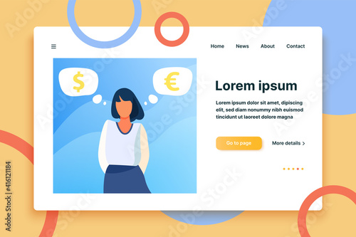Woman standing and thinking about currency rate. Euro, dollar, cash flat vector illustration. Finance and investment concept for banner, website design or landing web page
