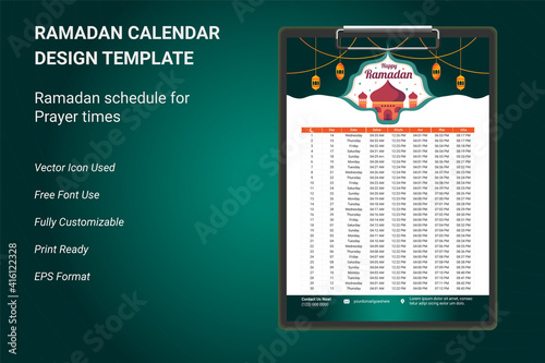 Ramadan Calendar Design Template. Islamic Calendar and Sehri Ifter time Schedule. Hijri islamic calendar 2021. Ramadan calendar, Ramadan schedule for Prayer times in Ramadan