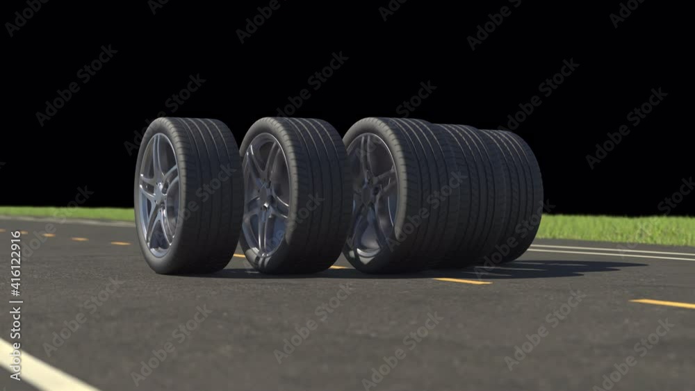 Loop car tires rolling on asphalt in the summer with alpha channel Loop car tires rolling on asphalt in the summer with alpha channel