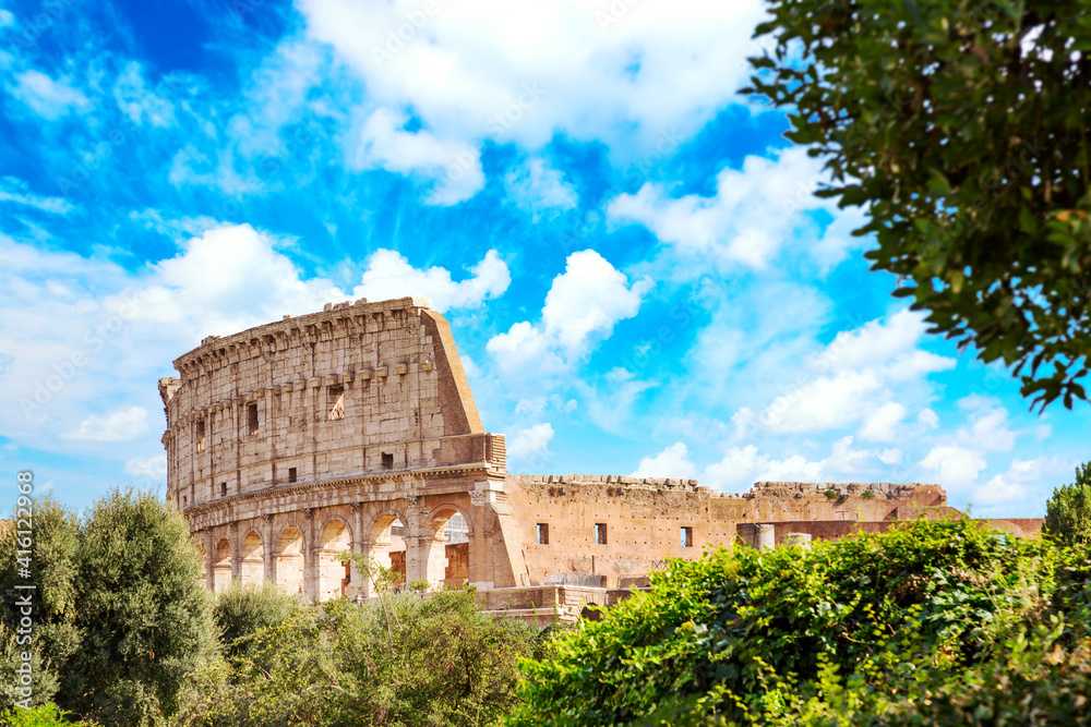 The Colosseum in Rome, Italy during summer sunny day. The world famous colosseum landmark in Rome.