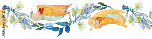 Watercolor seamless banner with angels and flowers. Easter ornament, wedding, church background, birthday decoration..Easter, Christmas, baptism, Pentecost, religious banner, Christian prints