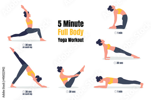 Yoga full-body 5-minute workout training set.  Young woman planking exercise isolated. Vector flat style illustration