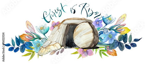 Fotografiet Easter watercolor illustration: the cave of Jesus Christ, a flower wreath, the i
