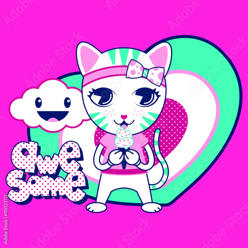 Illustration vector cute cat design with rainbow and text for grils or fashion design