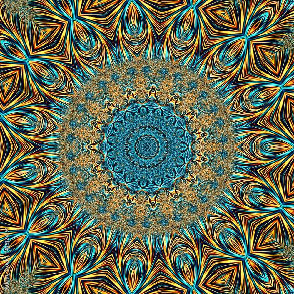 Abstract Gold & Teal Circular Fractal - looking multi-dimensional, this beautiful design captures your eyes. Intricate all around, glowing on the edges, this fractal will highlight your collection!