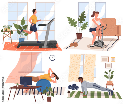 Sport at home scenes set. Training during quarantine. People go in for sports in apartment. Stay home concept. Man and woman doing exercise, train on the simulator. Vector illustration in flat style