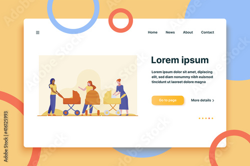Walking new mothers. Young women with baby strollers talking outside flat vector illustration. Motherhood, communication concept for banner, website design or landing web page