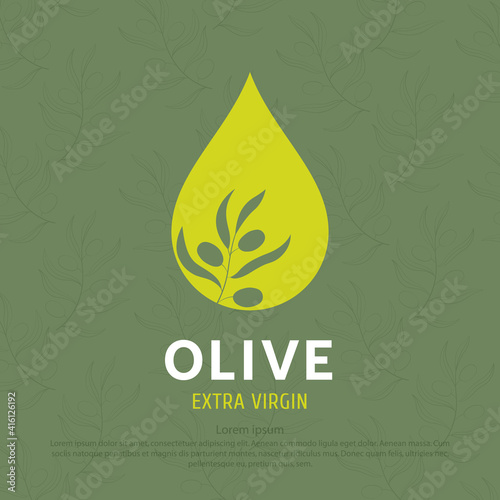 Olive oil drop logo and branch silhouette. Design concept for logos, icons and labels on virgin oil packaging. Vector, illustration
