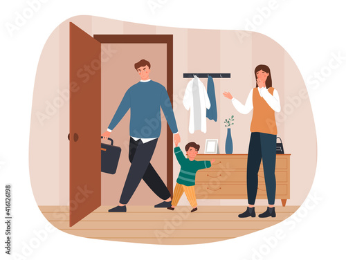 Tragic scene of family divorce and child custody dispute. Angry father leaving the house with son. Concept of husband and wife break up. Problems in relationship. Flat vector cartoon illustration