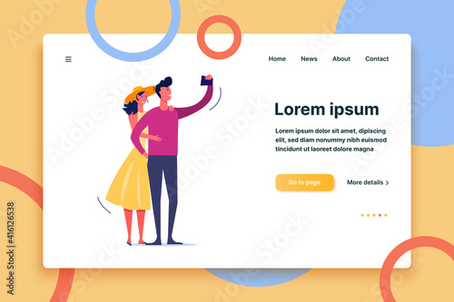 Young cute cheerful couple in love taking selfie. Self portrait flat vector illustration. Selfie concept for banner, website design or landing web page