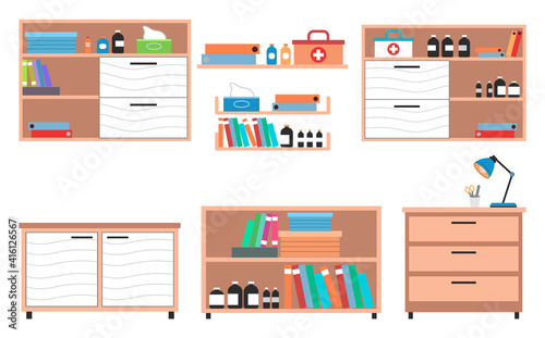 Medical cabinet or wardrobe for interior in clinic or hospital, shelves with bottles, first aid, folders, medical containers, jars, wooden furniture for medical office, design with shelves, drawers