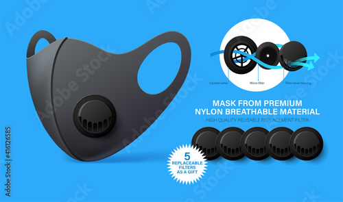 Reusable antiviral mask with breather filter valve. Safety breathing mask with replacement filter. Safety N95 mask or PM2.5 respirator, dust protection, against flu, coronavirus, pollution, viruses